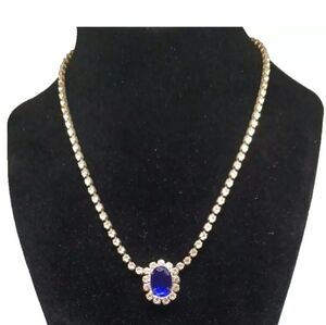 VTG 80s Blue Oval Pendant Rhinestone Collar Necklace 16" Party Formal Black Tie